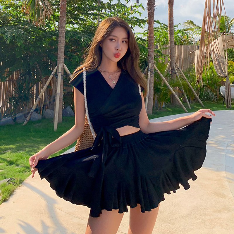 罩衫泳衣女夏小胸温泉保守分体裙式仙气泳装显瘦遮肚子海边游泳衣