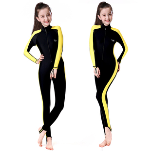 少女连体泳衣大码带垫女长袖长裤防晒青少年男童儿童胖14岁潜水服