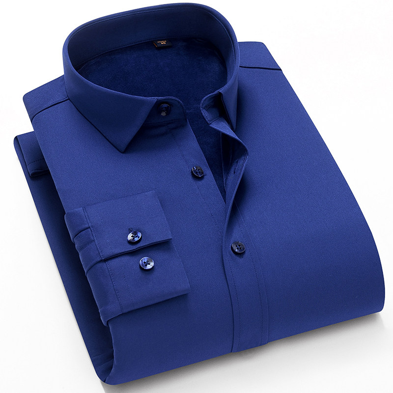冬季弹力蓝色保暖衬衫免熨烫商务职业工装加绒加厚衬衫男正装工作