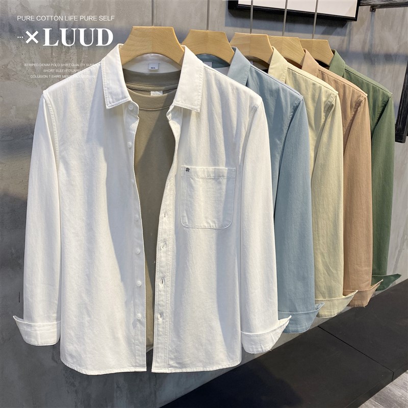 LUUD 长绒全棉小刺绣衬衣秋装男百搭白衬衫纯色简约外穿内搭长袖