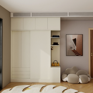 奶油白实木趟门小衣橱两门推拉门 滑门大衣柜移门双门1.1米带抽屉