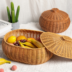 仿藤编织水果篮圆形零食篮子藤编带盖收纳筐首饰化妆品玩具收纳篮