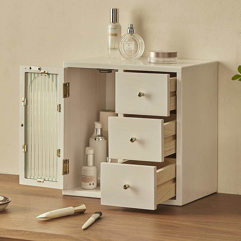 实木桌面抽屉收纳盒化妆品长方形白色收纳柜化妆台护肤品防尘木盒