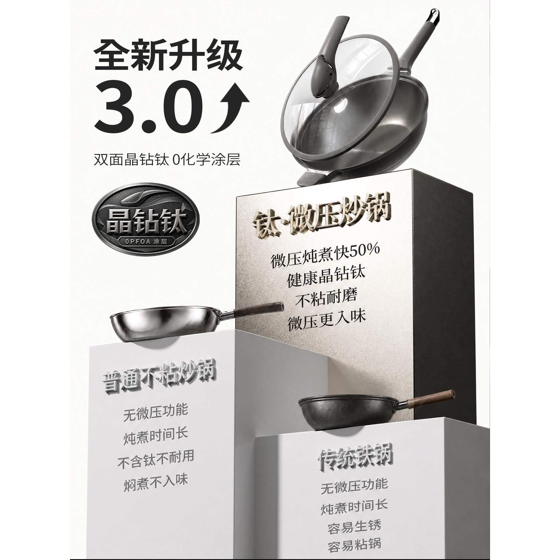 鲸鱼微压炒锅磁不粘锅家用无涂平层钛锅电炉燃底气灶专用炒菜锅W