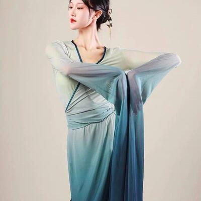 青绿古典舞身韵纱衣女渐层变色水袖琵琶舞蹈服仙气飘逸中国舞上衣