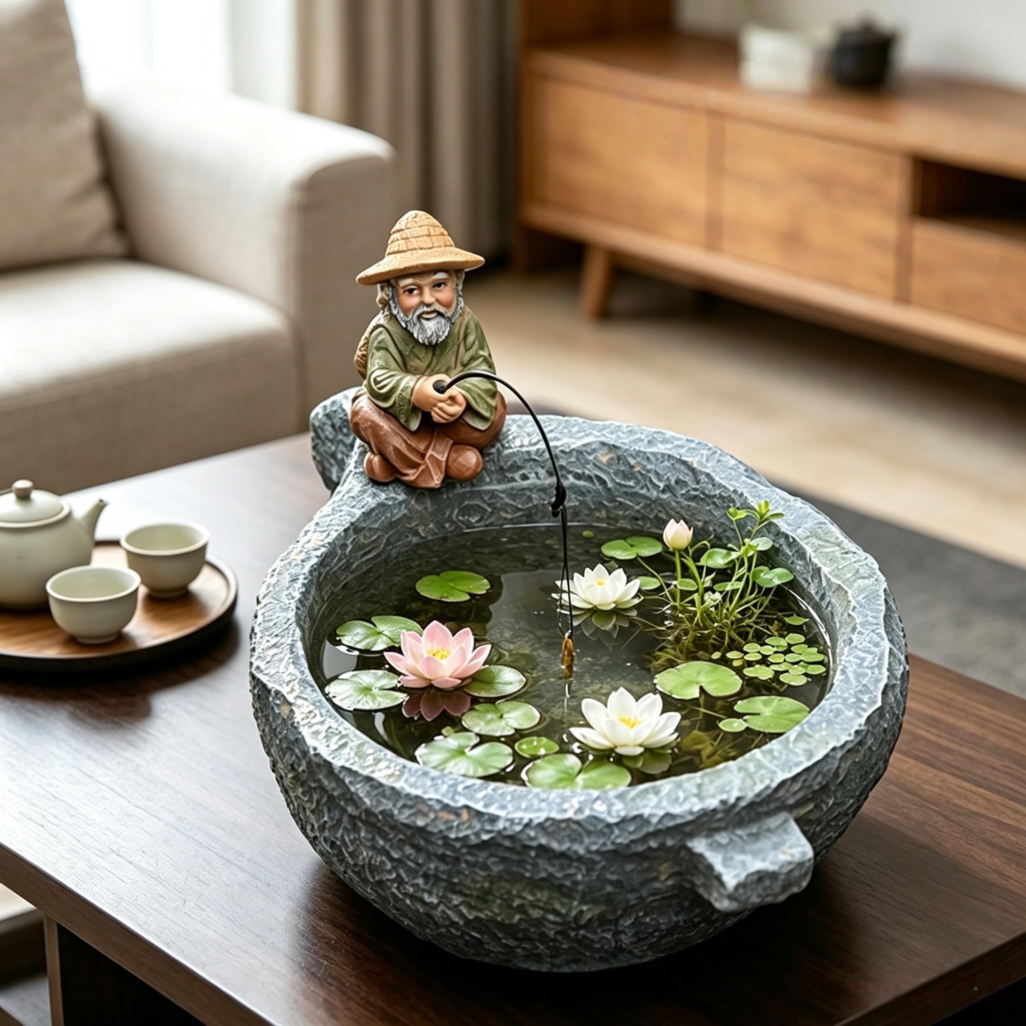 仿石水培盆小老花翁钓鱼摆件茶桌微景观铜钱草盆禅意臼造景碗MR07