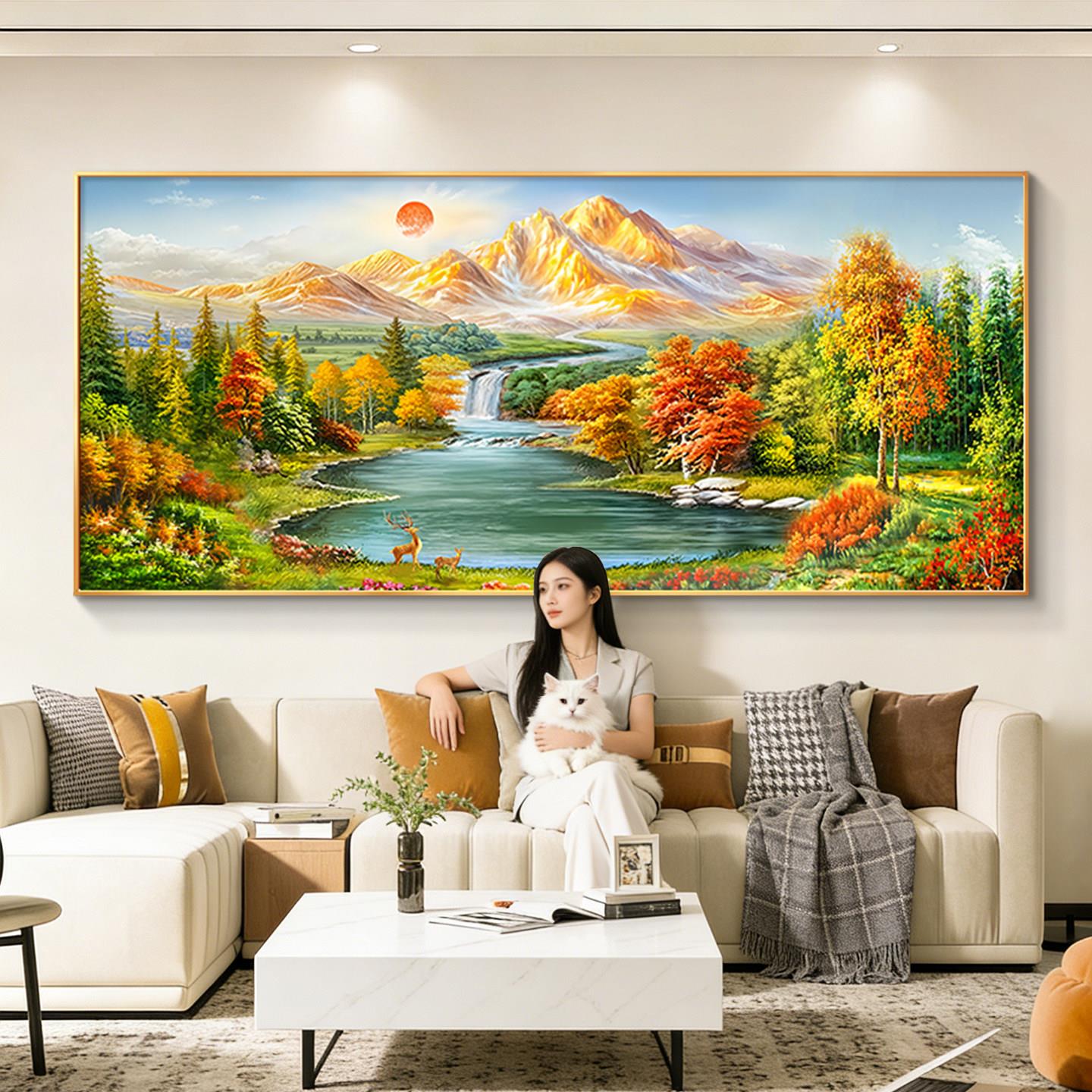 客厅装饰画发宝盆壁山水画背有靠聚山高级感沙背DB3176景墙挂画风