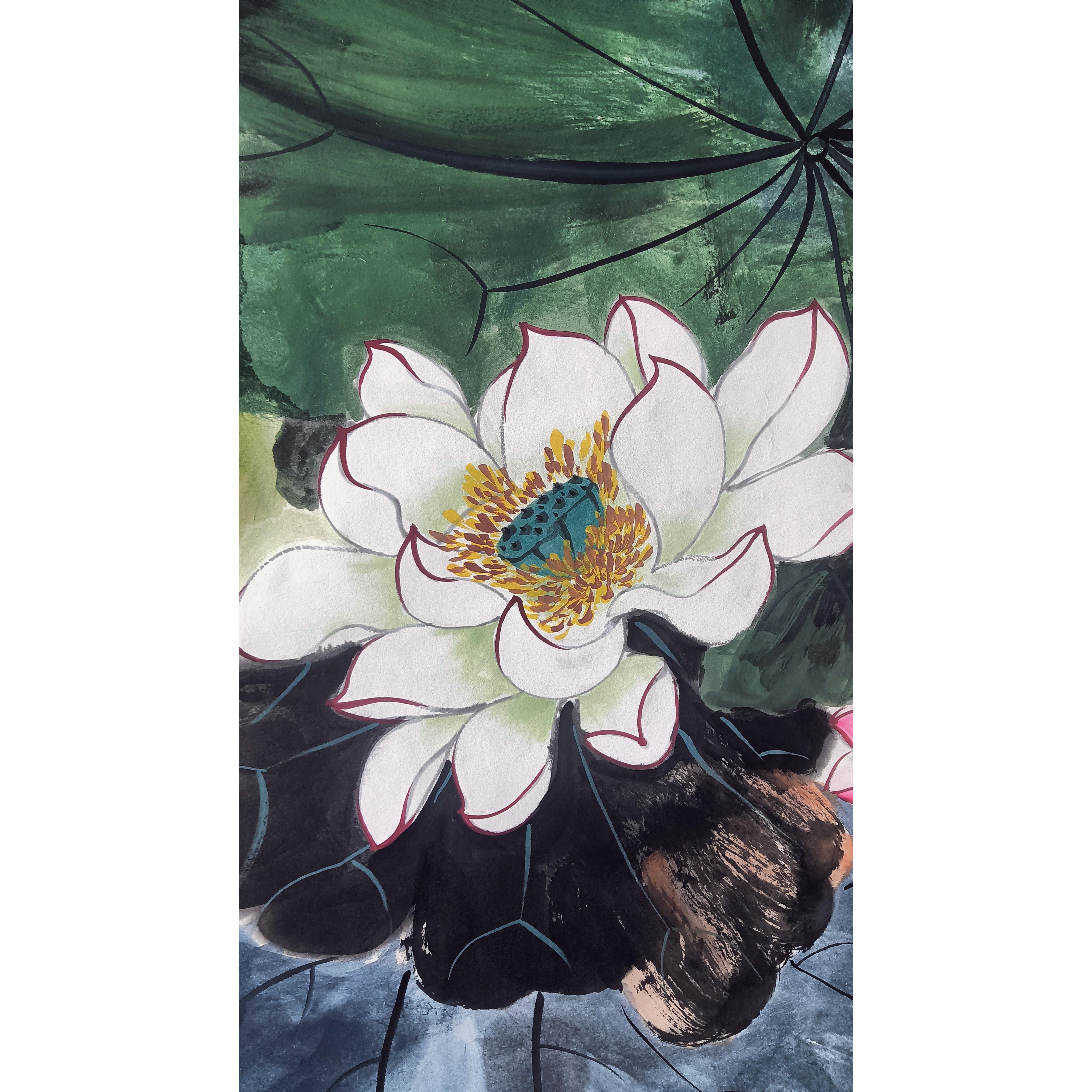 国画花画鸟画手绘荷花图客玄可关送礼芯尺寸69EVM*138大小厅定制