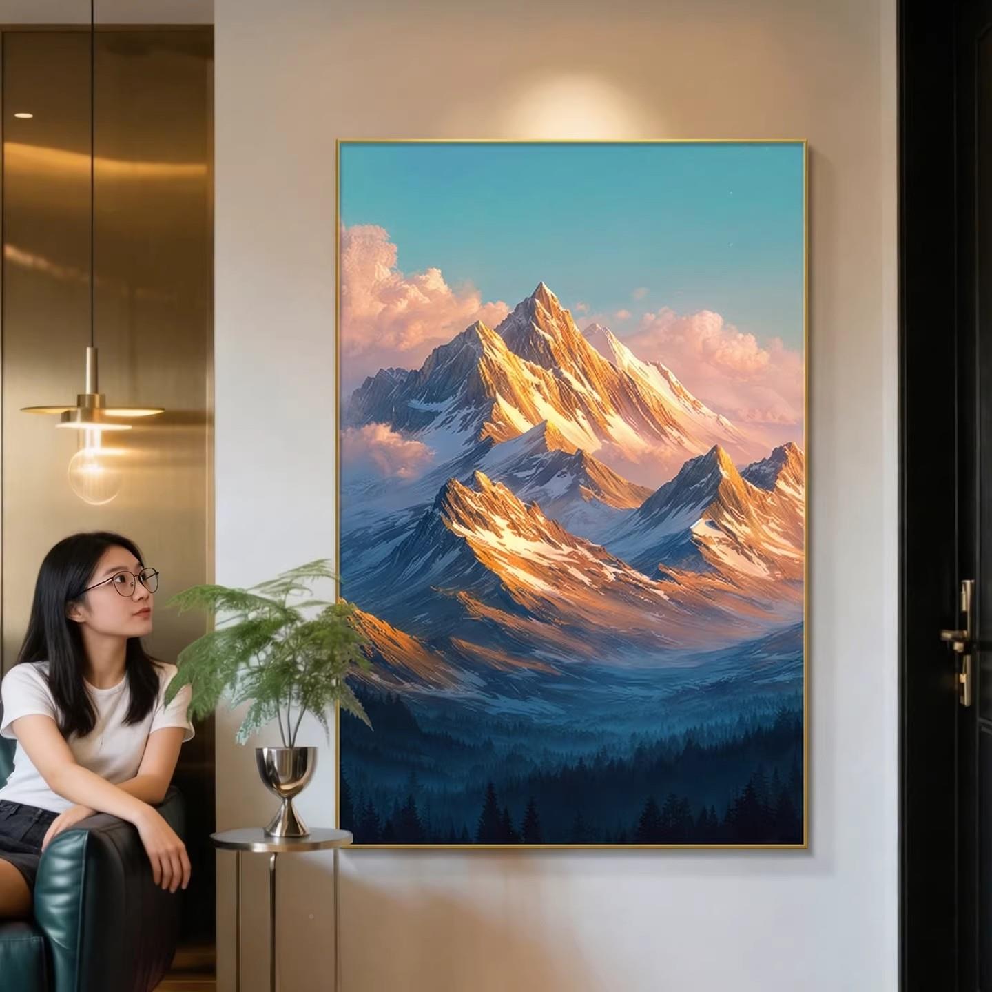 日照金山XNL挂画客厅发关聚宝盆装饰画轻奢风沙背墙景壁画玄背靠