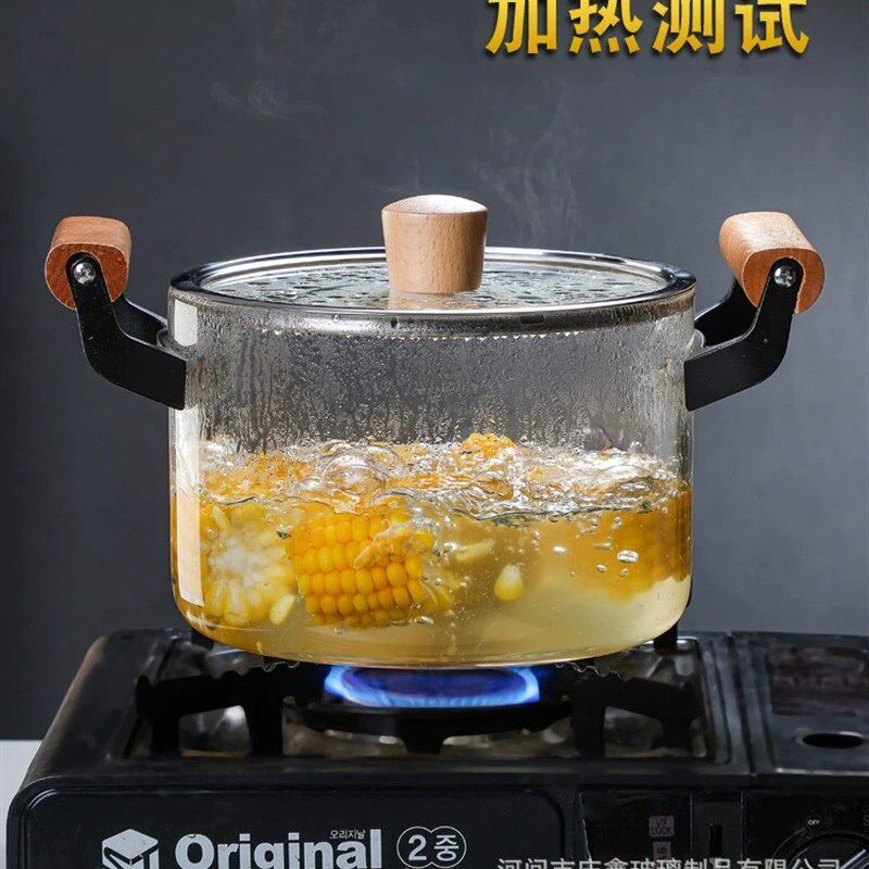 高硼硅耐热玻璃汤锅可明火炖锅电陶炉木把泡面锅透明带盖奶锅