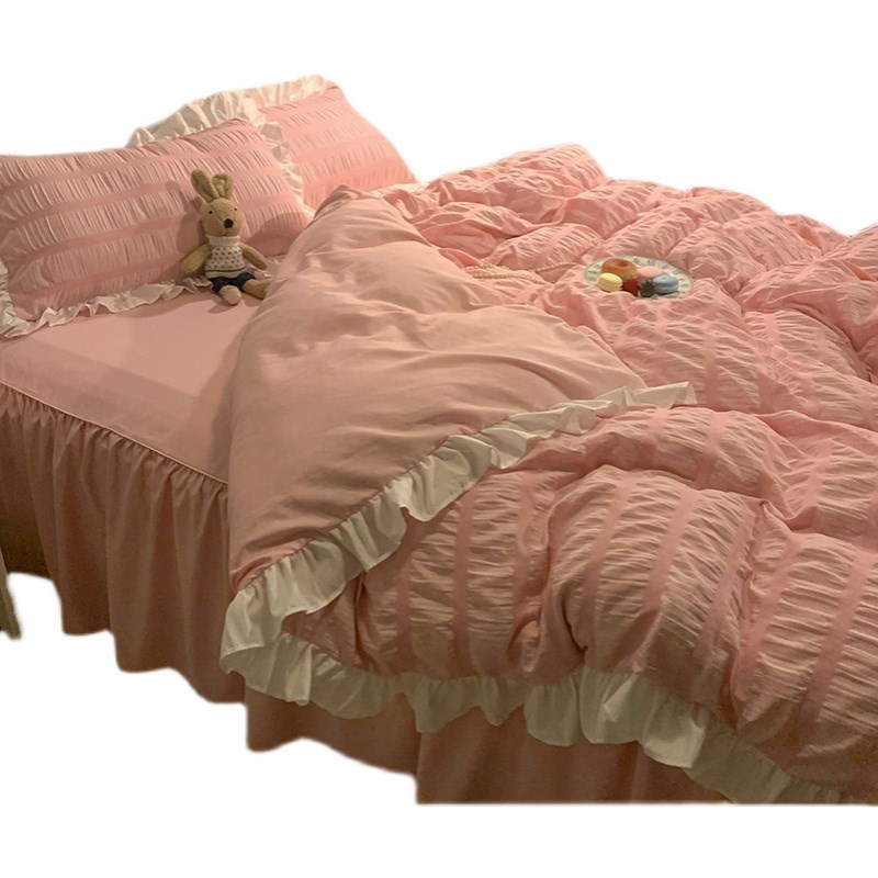 1P2R简约公主风纯色泡泡纱花边超柔四件套韩版被套床裙床单宿舍三