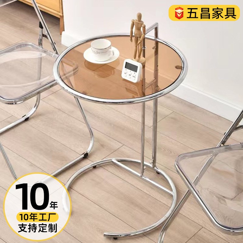 中古茶几客厅网红升降玻璃小圆桌沙发边几现代简约不锈钢咖啡桌