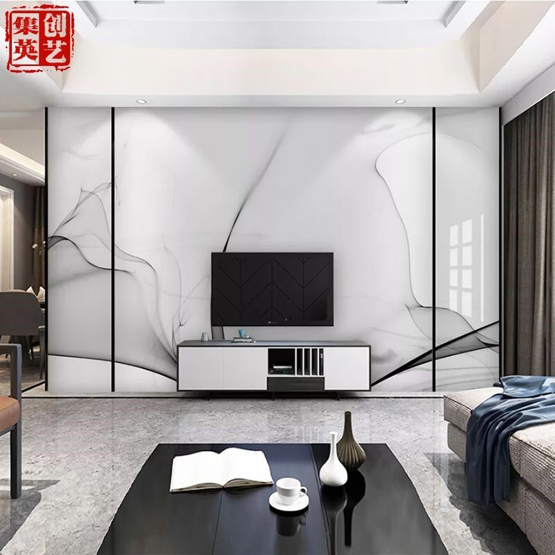 背景墙瓷砖现代简约微晶石电视墙客厅抽象水墨线条电视背景影视墙