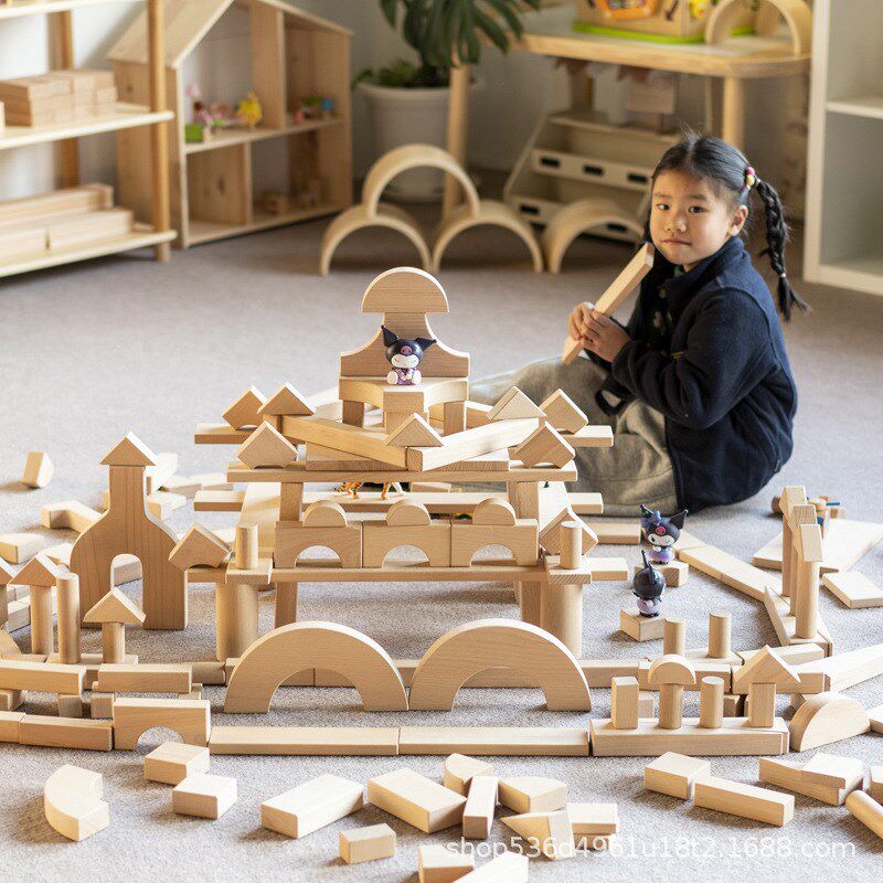幼儿园建构区室内积木原木无漆大块大中小班拼搭建材料榉木积木