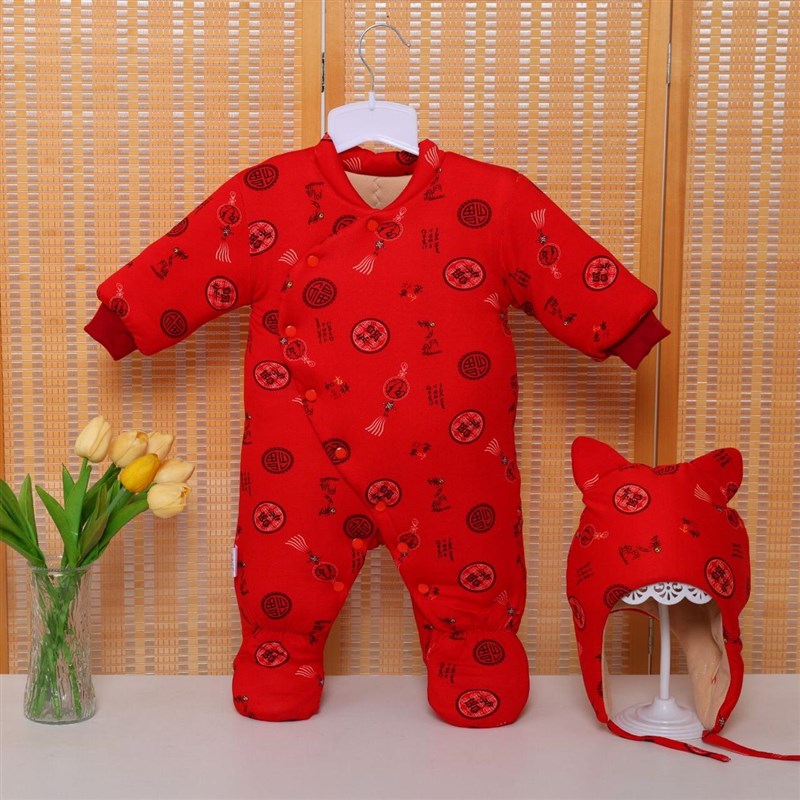 手工棉花连体哈衣宝宝棉衣爬服婴幼儿包脚连体衣冬季加厚斜襟国风