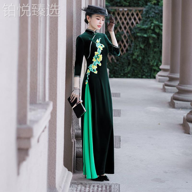 2025新款金丝开绒七分袖长叉款绣花不改奥黛旗袍礼服良连衣裙新款