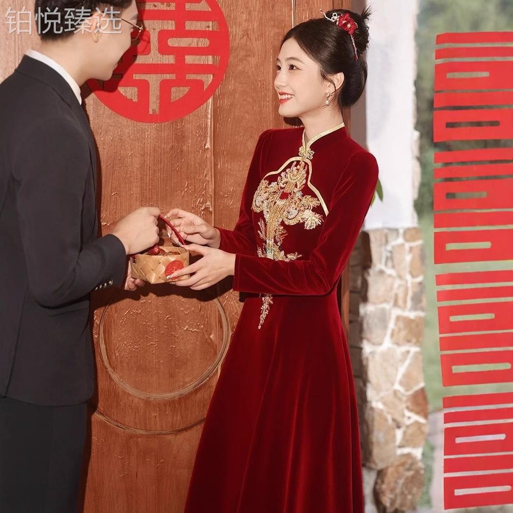 2025新款刺款绣立领旗袍季新新长款婚礼夏宴会敬酒服娘改良旗袍裙