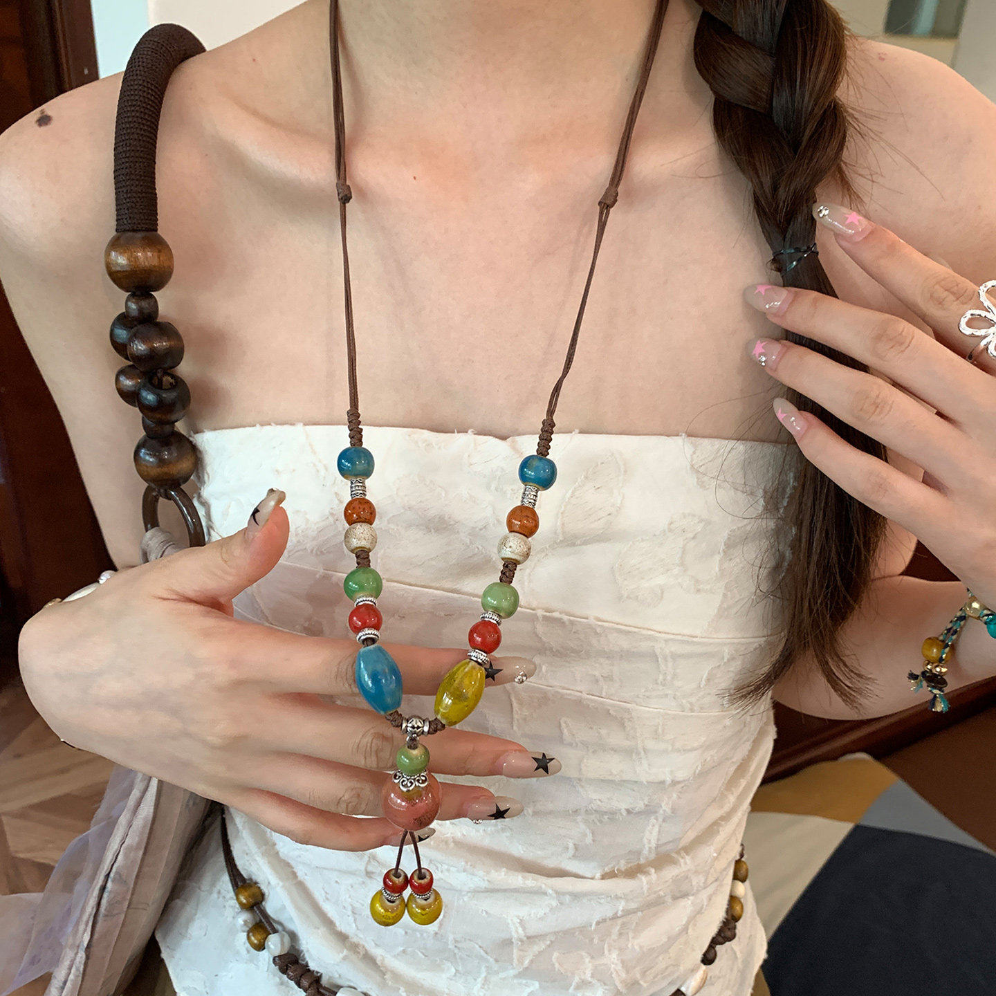彩色多巴胺串珠流苏项链女长款复古新中式吊坠配裙子民族风毛衣链