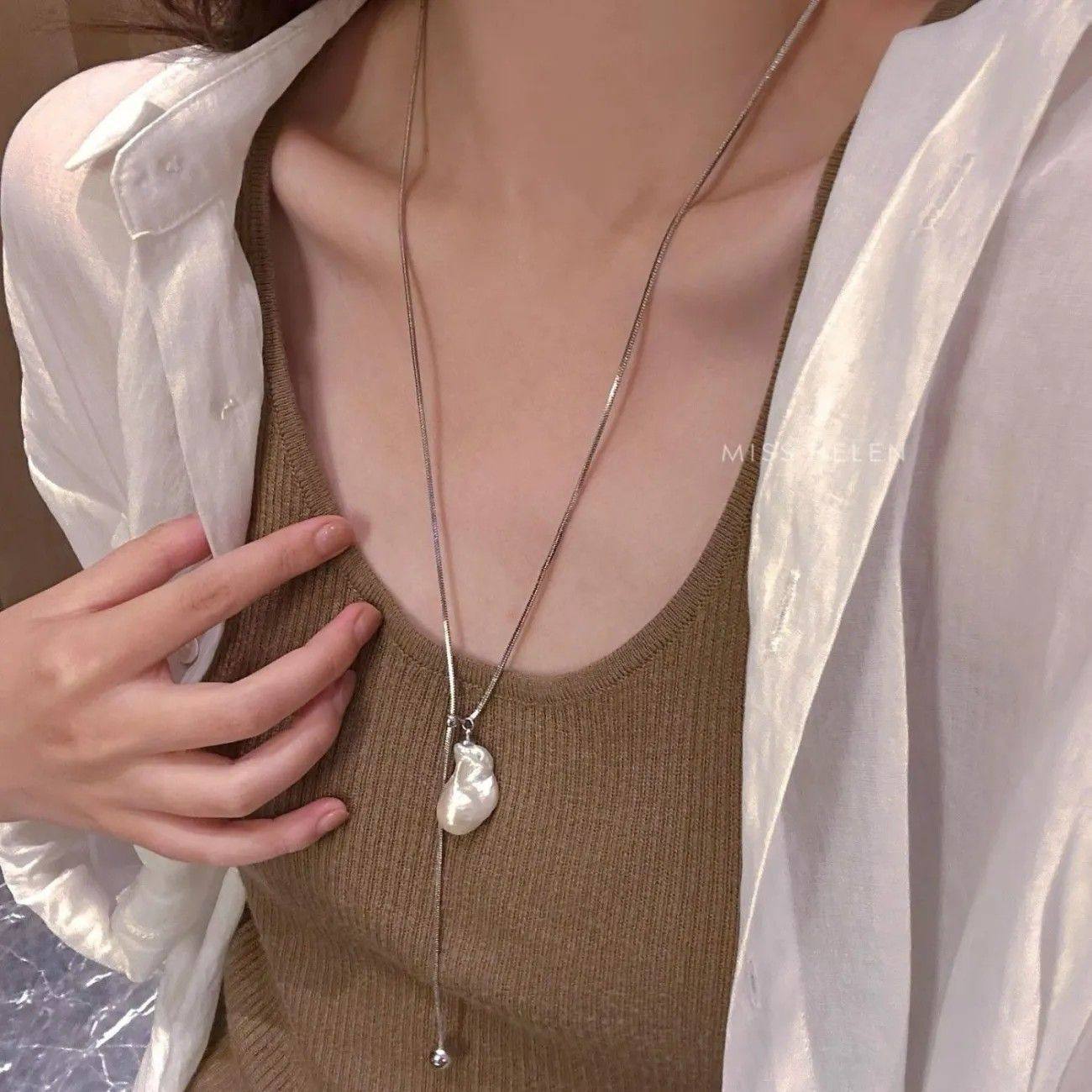 新款巴洛克珍珠钛钢抽拉项链女简约高级长款韩国博主同款锁骨链女