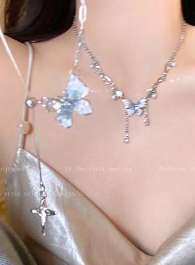冰晶渐变色珍珠蝴蝶流苏锁骨链