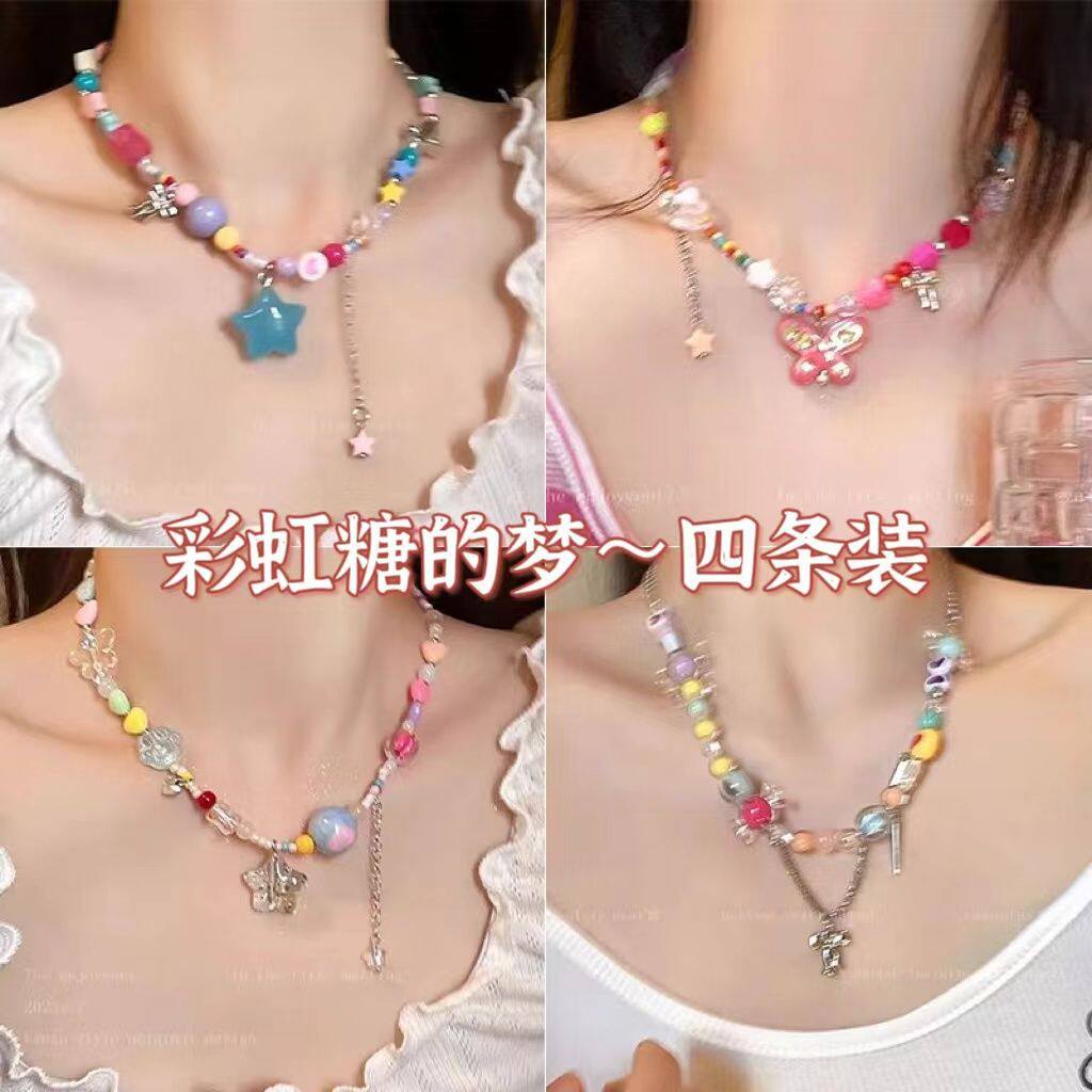彩色糖果串珠蝴蝶结流苏锁骨链