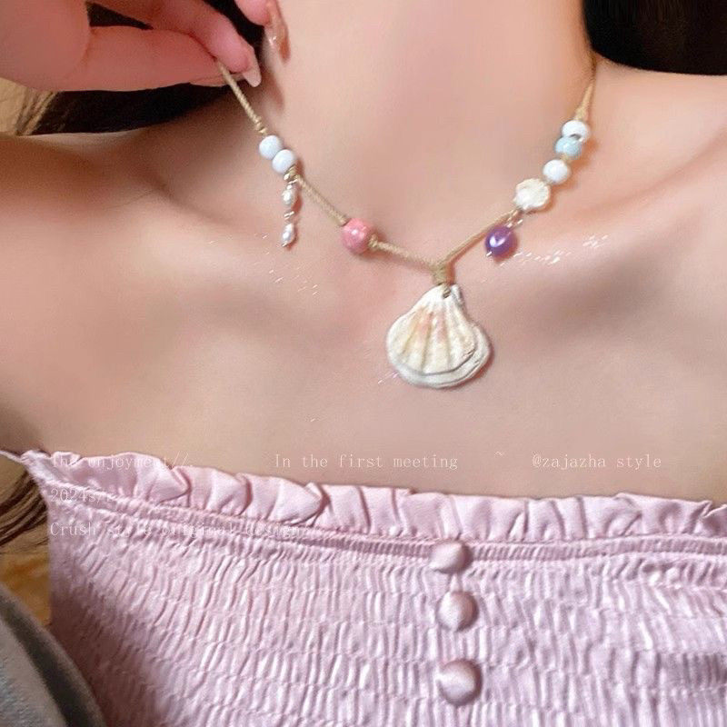海边度假风天然贝壳串珠可调节项链设计感手作编织绳甜美风锁骨链