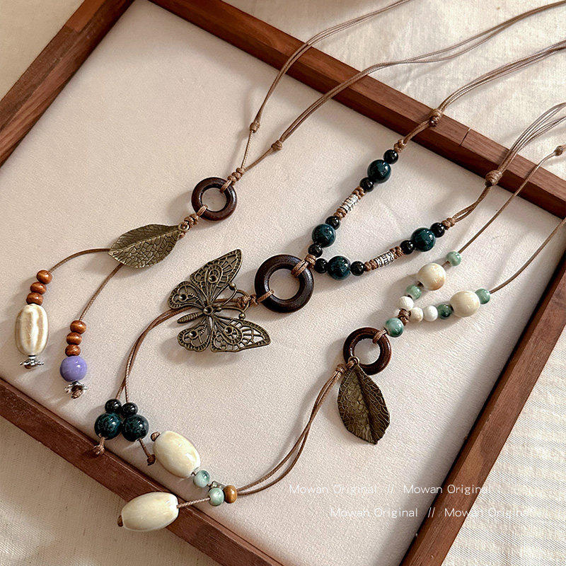 复古中式禅意羽毛项链女波西米亚民族风双层叠戴长款毛衣吊坠配饰