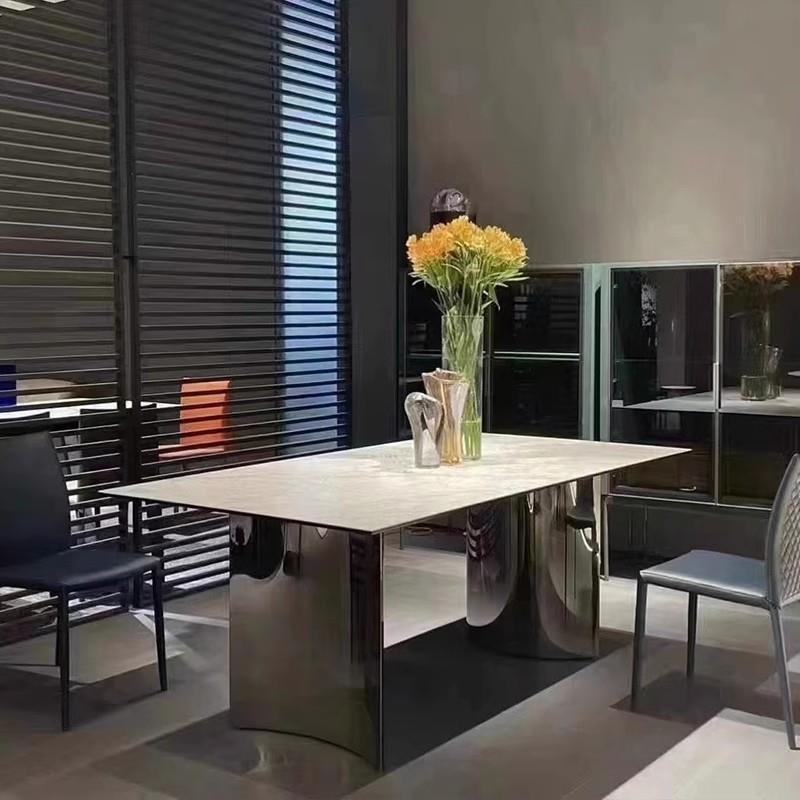 德利丰岩板餐桌不锈钢高端长方形桌子意式轻奢家用现代极简大餐台