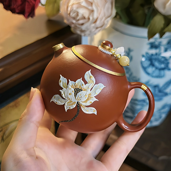 泥绘莲花西施梨皮朱泥150cc手工紫砂壶名家高档紫砂壶泡茶壶