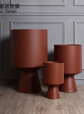 新中式红色落地大号花器金属花盆高级感客厅电视柜旁花瓶装饰摆件