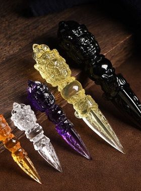 白水晶 黄水晶 紫水晶 茶水晶 普巴杵三面金刚降魔杵吊坠原矿精