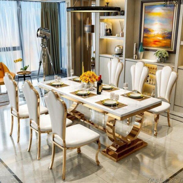 轻奢大理石餐桌家用大小户型饭桌不锈钢长方形亮光岩板餐桌椅组合,住宅家具,大理石餐桌,淘宝优惠券,粉丝福利购,淘宝优惠卷