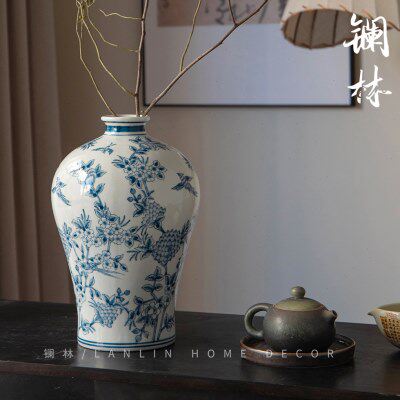 新中式青花陶瓷花瓶复古禅意客厅插花器民宿茶室酒店玄关摆件梅瓶