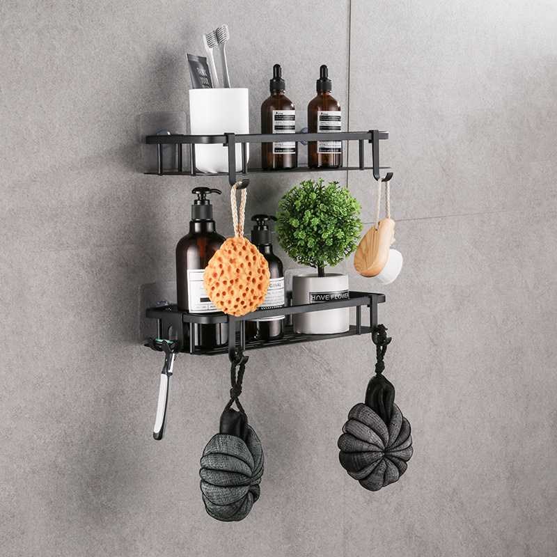 无痕贴太空铝黑色双层四方篮收纳架浴室厨房N墙角沥水蓝置物架加