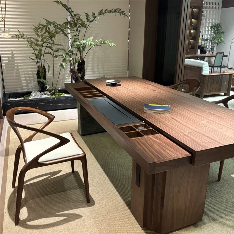 新中式北美黑胡桃木茶桌椅组y合现代简约轻奢家用实木茶室泡茶桌