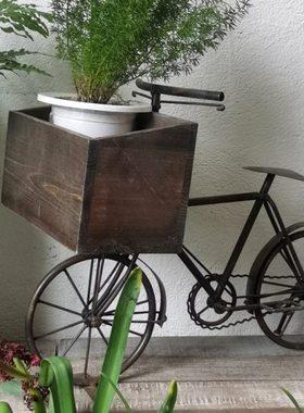 做旧铁艺工业风自行车摆件 复古风园艺脚踏车实木花盆架装饰品