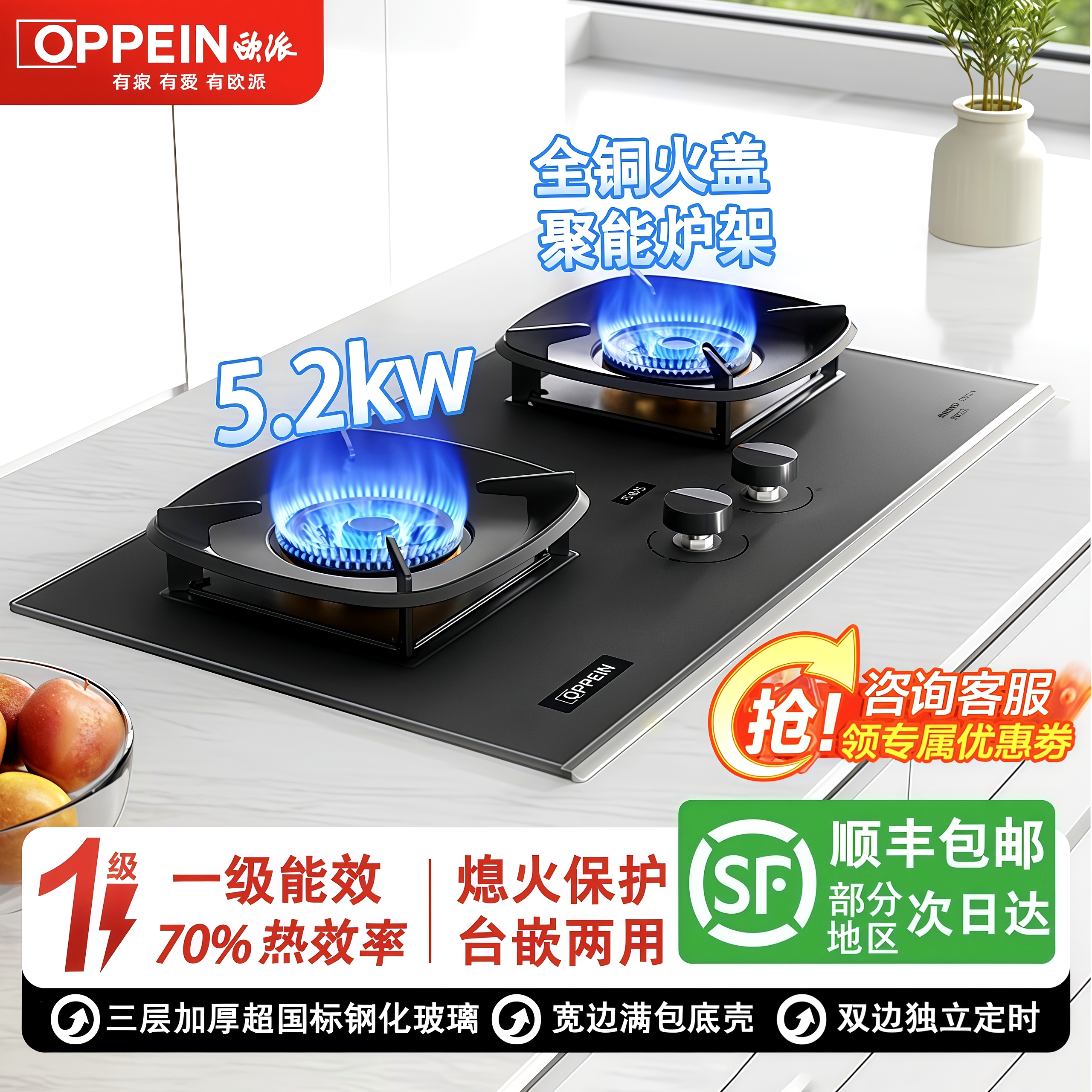 欧派OPPEIN燃气灶家用猛火双灶