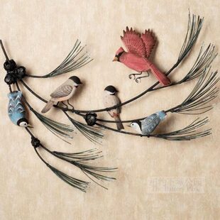 现 纽约下城公园进口手工雕刻木制红衣主教山雀和五子雀装饰壁饰