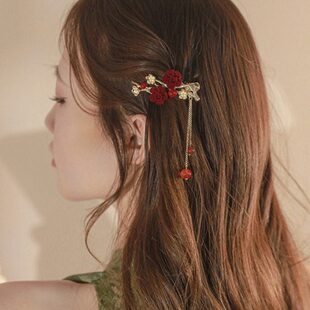 中国风梅花流苏侧边刘海夹发夹后脑勺夹子红色新娘旗袍敬酒服头饰