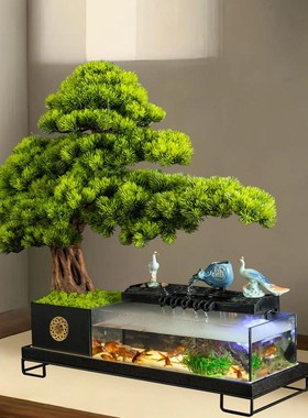 鱼缸景观迎宾松木流水客厅摆件入口摆件办K公室人工植物乔迁开幕