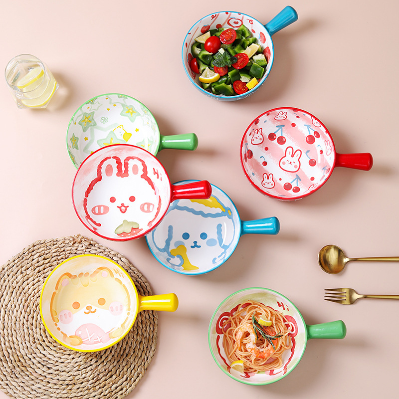烤箱陶瓷烤碗家用带手柄碗水果沙拉碗卡通学生宿舍单柄泡面碗无