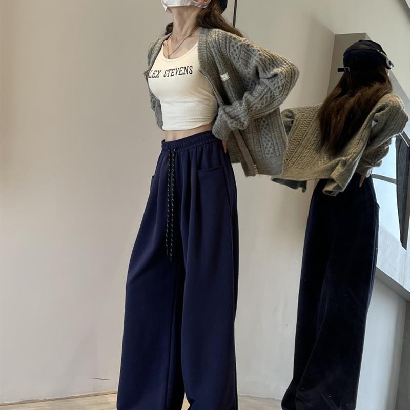 白色阔腿裤女春秋2025新款高腰拖地显瘦宽松直筒卫裤休闲运动长裤