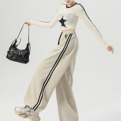 美式运动裤女春秋2025新款卫裤侧条纹休闲裤高腰显瘦阔腿裤子女