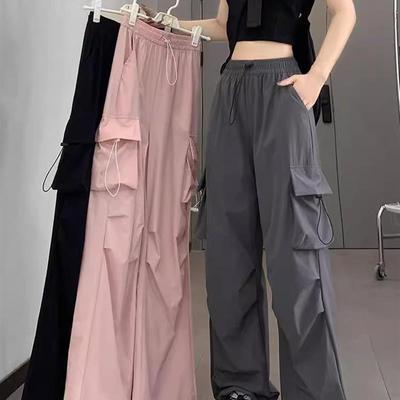 美式工装裤女2025年夏季米白色休闲裤大口袋宽松速干降落伞运动裤