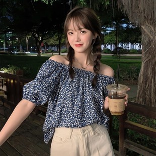 短袖 一字肩雪紡泡泡袖 2025新款 碎花襯衫 上衣女設(shè)計(jì)感襯衣夏季