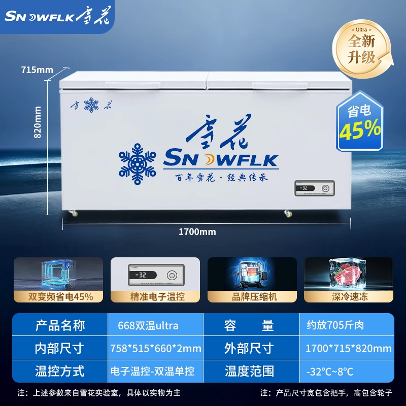 1.7米双温雪花卧式冰柜商用超市大容量冰箱冷藏冷冻保鲜双温冷柜