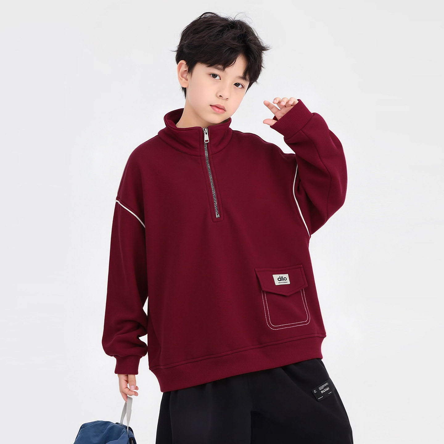 男童红色加绒卫衣2026新款冬装中大童休闲立领长袖加厚儿童年服潮