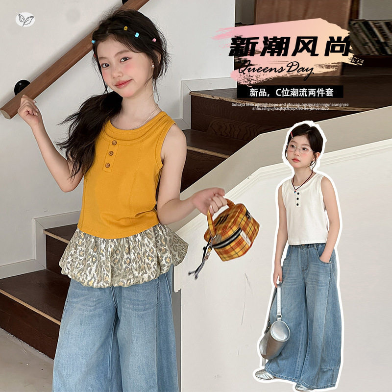 女童2026夏新款中大童无袖T恤背心牛仔裤阔腿裤套装时髦夏装薄款