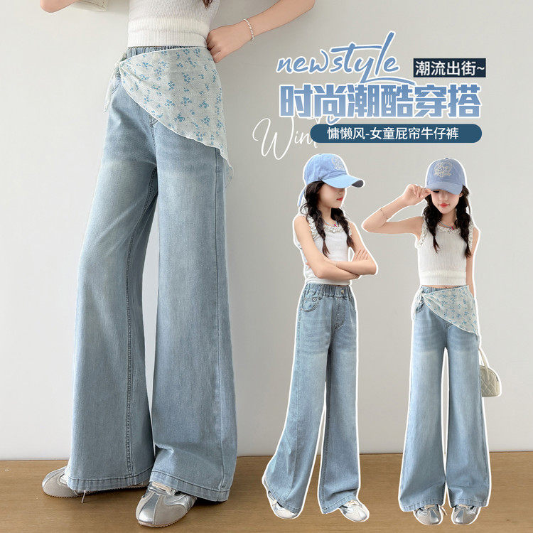 女童牛仔裤夏季薄款时髦穿搭蕾丝屁帘大童夏天微喇裤夏装儿童裤子