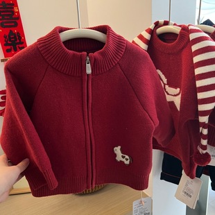 小马新年加厚毛衣～冬款男女童加绒开衫外套洋气过年红色亲子毛衣